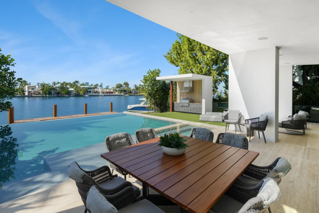 Infinity-edge pool with waterfront backdrop